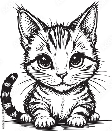 A charming line art illustration of a cute kitten sitting on a white background. Black and white cat cartoon.