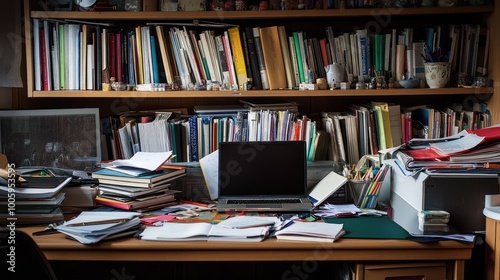 A close-up of a study desk cluttered with stationery, textbooks, and a laptop, symbolizing the chaos and focus of student life.