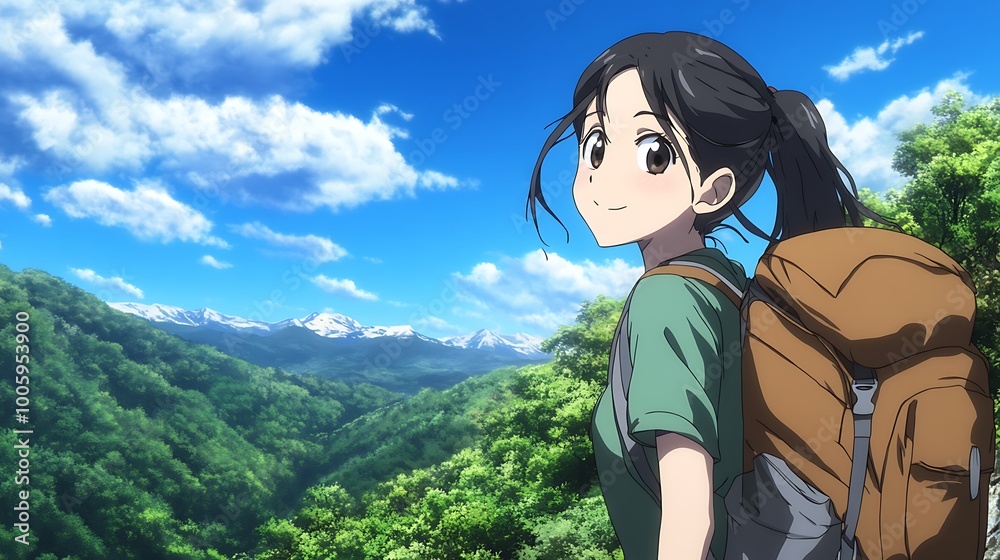 Naklejka premium Anime Girl Hiking in the Mountains.