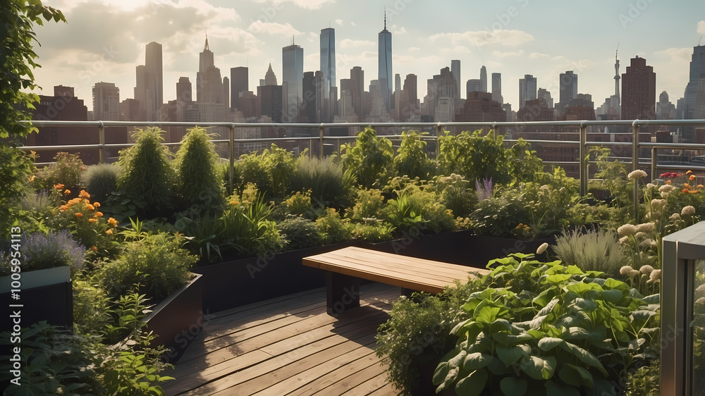 Fototapeta premium An urban garden space at rooftop, suitable place for relaxing and calm your mind