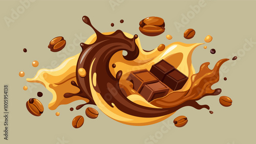 splashes and drops of melted dark chocolate, hot coffee and milk flow mixed