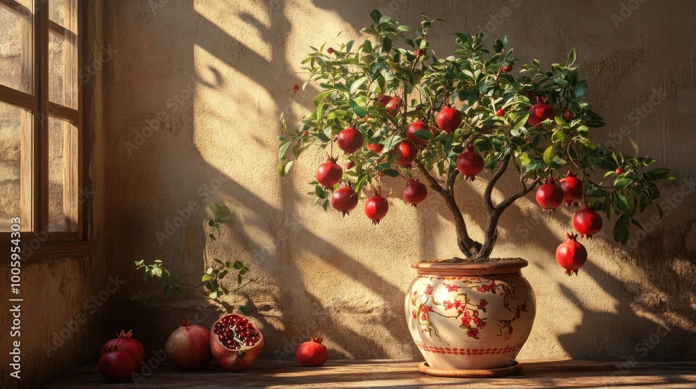 A pomegranate tree in a decorative pot, with ripe fruit and a warm, sunlit atmosphere. A pomegranate tree in a decorative pot, with ripe fruit and a warm, sunlit atmosphere.
