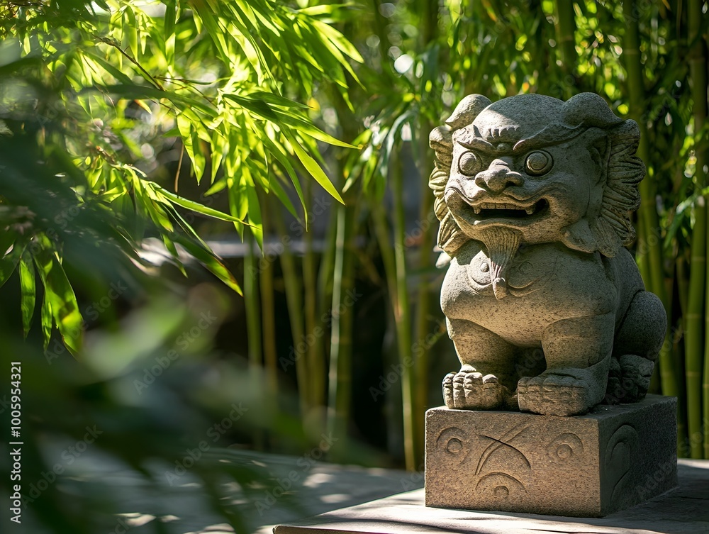 Obraz premium Carved stone Pixiu statue placed at the entrance of a serene bamboo forest with warm sunlight casting long shadows through the lush green leaves