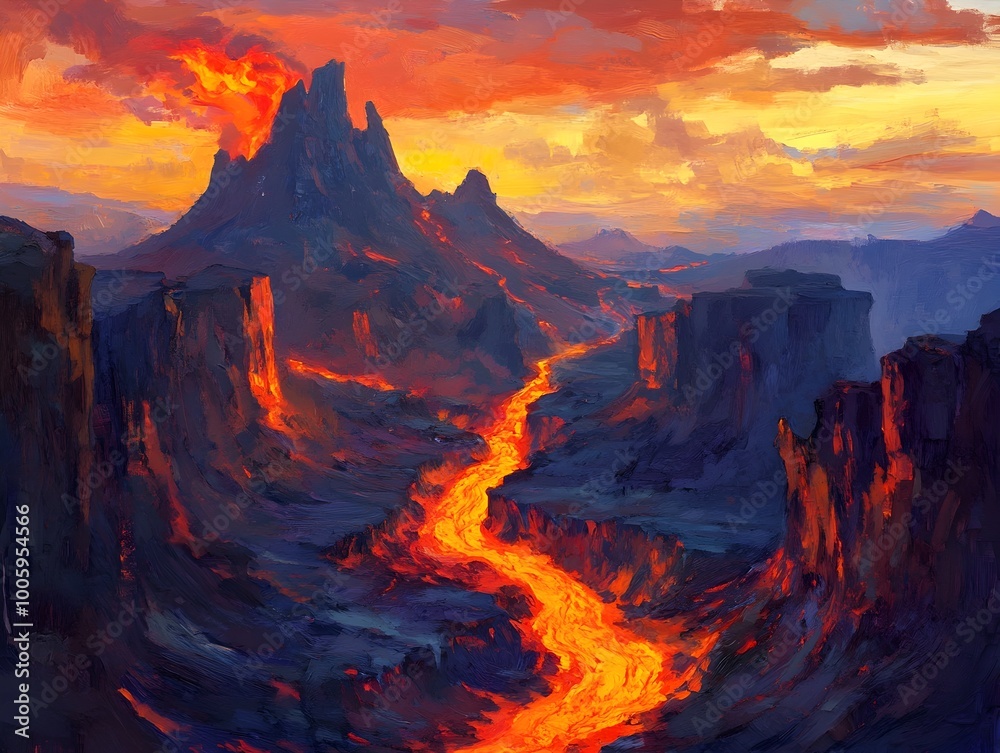 Fototapeta premium Towering volcanic peaks and jagged rock formations carved by tectonic forces with rivers of glowing lava carving through the desolate and untamed natural landscape