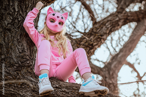 A quadrober blonde girl in a pink cat mask and pink costume in the park photo