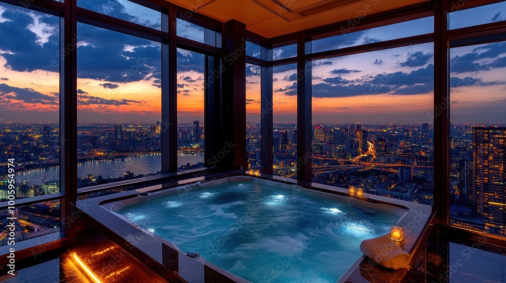 Fototapeta premium Luxurious indoor jacuzzi with a stunning city skyline view at sunset.