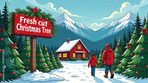 Sign that reads Fresh Cut Christmas Tree. Mountain Christmas tree farm - families shopping for a Christmas tree.