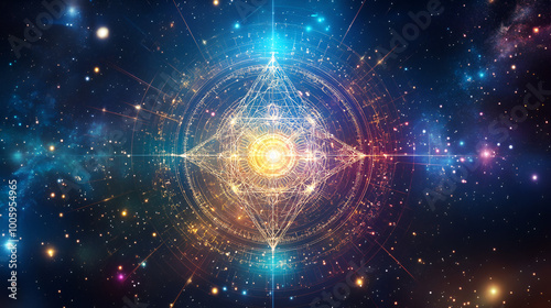 divine feminine archetype radiating sacred geometry cosmic background ethereal glow spiritual symbolism photo