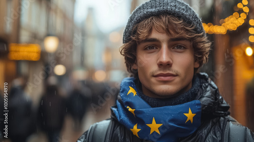 A young man with an European Union Flag is asking for his country to join the European Union