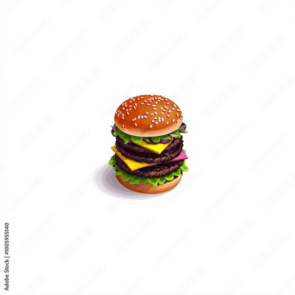 A juicy double cheeseburger with sesame bun and various toppings A juicy double cheeseburger with sesame bun and various toppings