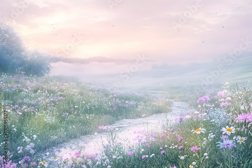 Serene pastel colored panorama of a picturesque countryside scene dotted with vibrant wildflowers and babbling brooks rendered in a soft focus photo