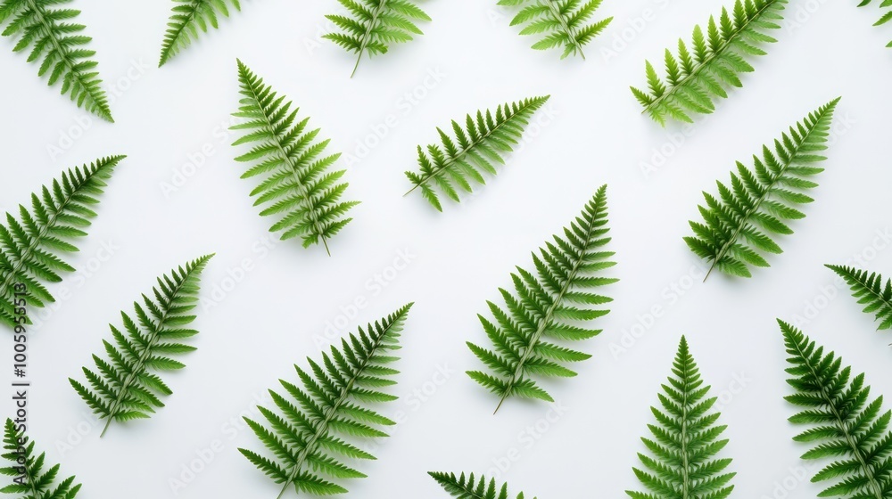 A flat lay of green fern leaves arranged on a white background.