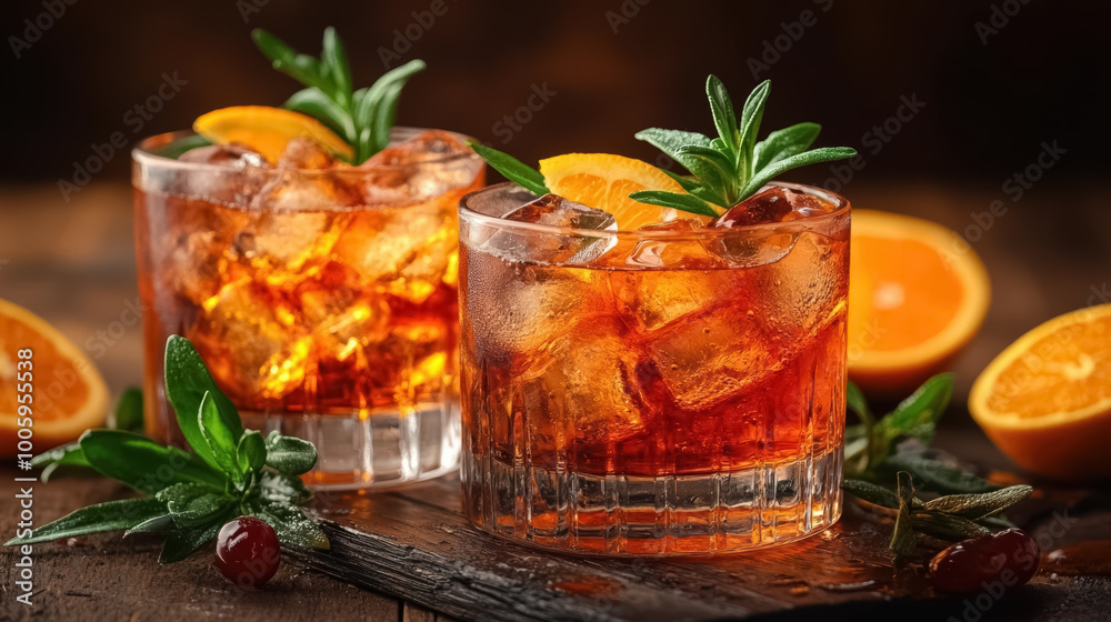 Two Alcoholic Cocktail Gin and Tonic, Negroni. On a black wooden background Two Alcoholic Cocktail Gin and Tonic, Negroni. On a black wooden background