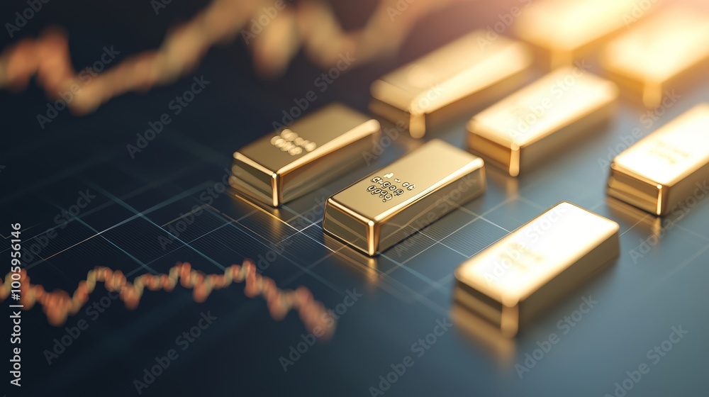 Fototapeta premium Shining Golden Bars Resting on Investment Charts in Bright Light - Financial Success Concept