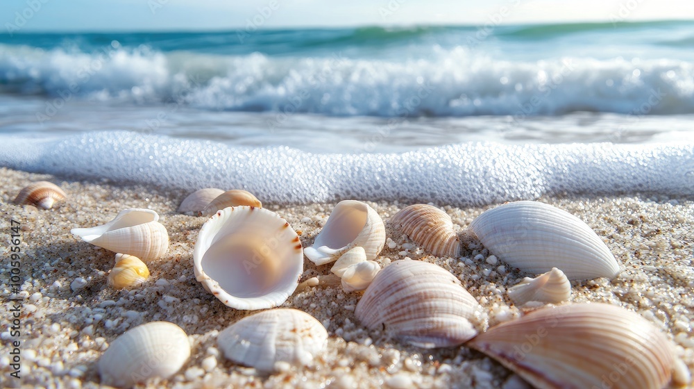 A close-up of seashells scattered on the beach, with the soft sand and gentle waves in the background on a sunny day. A close-up of seashells scattered on the beach, with the soft sand and gentle waves in the background on a sunny day.