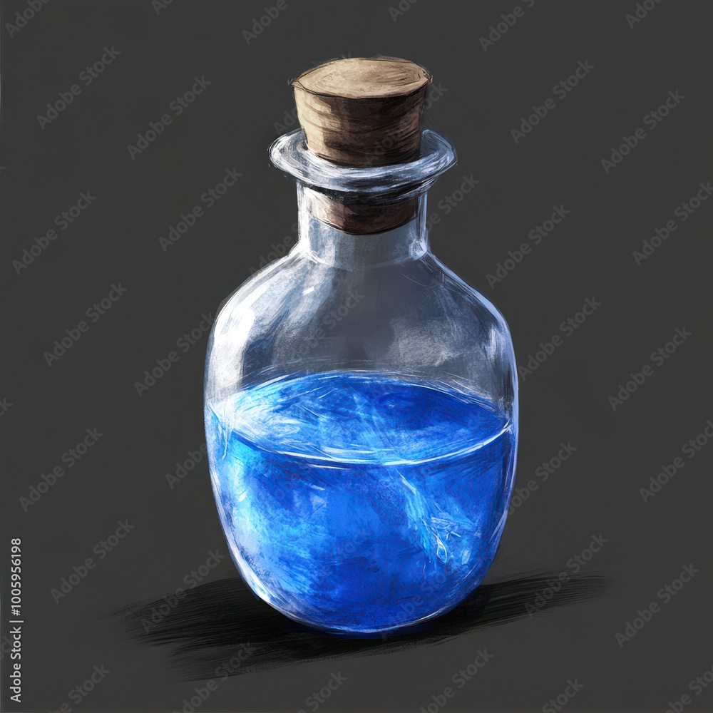 Mysterious potion bottle with glowing blue liquid and cork stopper Mysterious potion bottle with glowing blue liquid and cork stopper