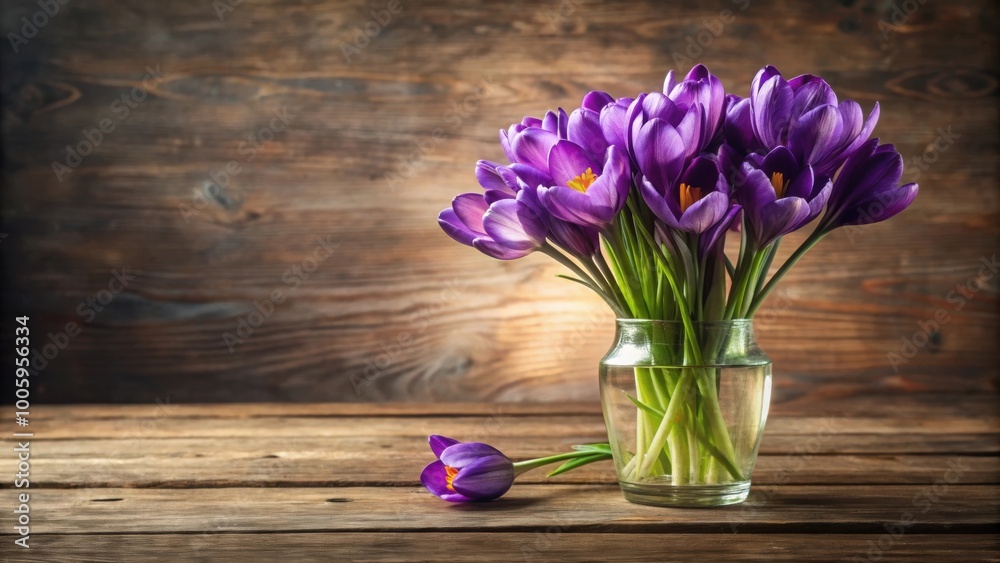 Purple crocuses in a glass vase on wooden table, spring floral arrangement, purple, crocuses, glass vase Purple crocuses in a glass vase on wooden table, spring floral arrangement, purple, crocuses, glass vase
