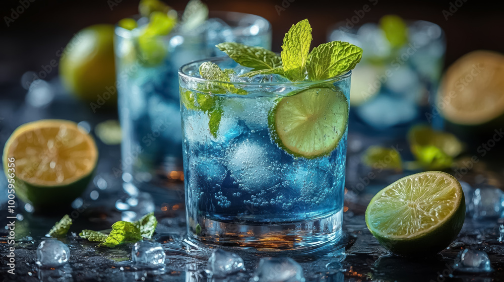 Tropical style refreshing alcoholic cocktails with gin, tequila, vodka, lime, mint and ice Tropical style refreshing alcoholic cocktails with gin, tequila, vodka, lime, mint and ice