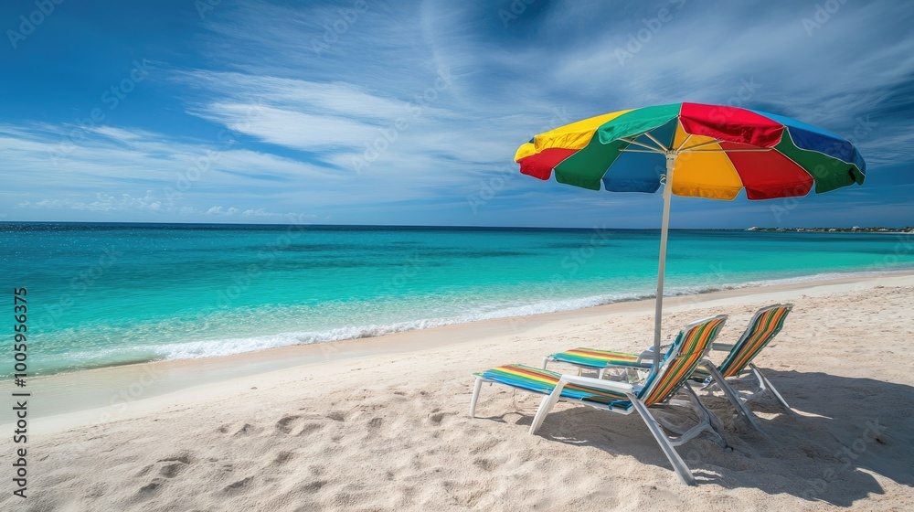 A colorful beach umbrella and lounge chair set up on a sandy beach, with the calm turquoise waters in the background. A colorful beach umbrella and lounge chair set up on a sandy beach, with the calm turquoise waters in the background.