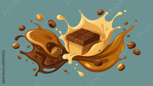 splashes and drops of melted dark chocolate, hot coffee and milk flow mixed