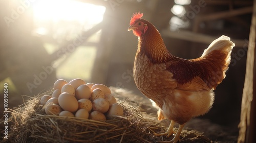 A hen stands beside a nest of eggs in a warm, sunlit barn setting. photo