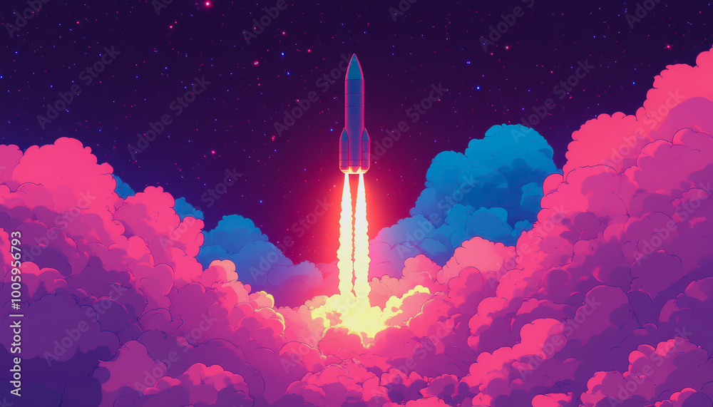 Rocket launch through vibrant sunset and clouds into space Rocket launch through vibrant sunset and clouds into space