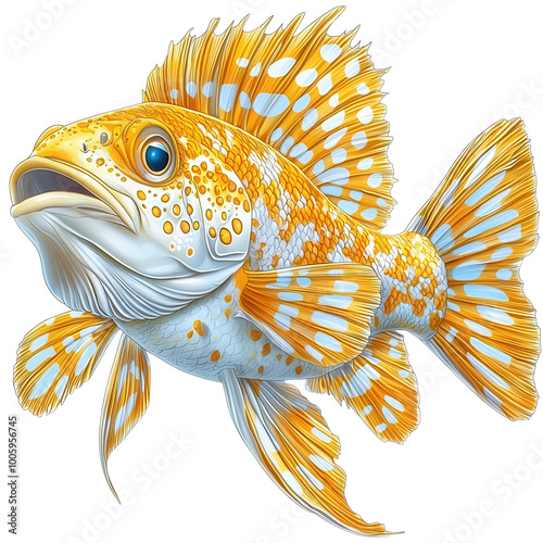 Detailed illustration of a vibrant orange fish with intricate patterns and large fins against a white background isolate on transparency background photo