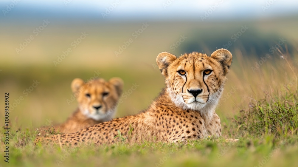 Obraz premium Two cheetahs resting together in a lush, green landscape, embodying elegance and grace in their natural habitat.