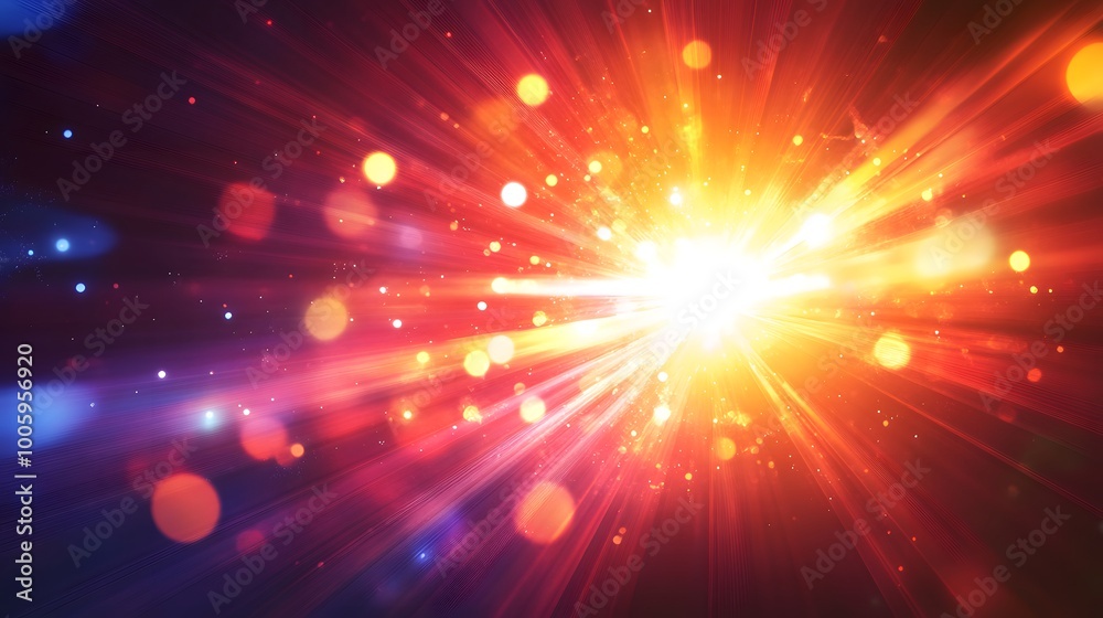 Fototapeta premium Bright Light Explosion with Red and Orange Rays and Bokeh