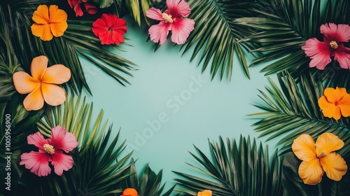 A vibrant arrangement of tropical flowers and palm leaves on a blue background.