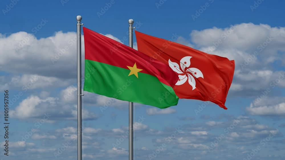 Hong Kong and Burkina Faso flags flying together, video concept of the relationship, two country relations concept Hong Kong and Burkina Faso flags flying together, video concept of the relationship, two country relations concept