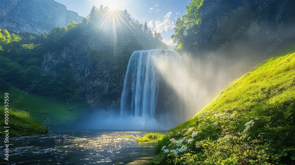 Fototapeta premium Majestic Waterfall Cascading Down Mountain Peak