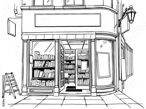Black and white quaint bookstore for coloring. 