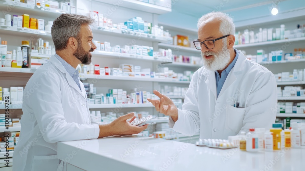 Two pharmacists discuss medication options in a bright pharmacy, emphasizing patient care and professional consultation. Two pharmacists discuss medication options in a bright pharmacy, emphasizing patient care and professional consultation.