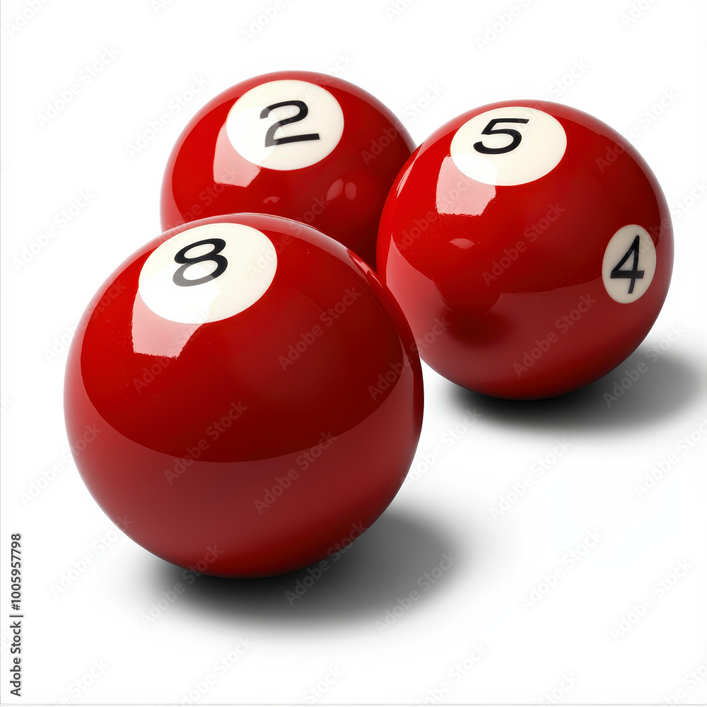 Three red billiard balls numbered two, five, and eight on white background Three red billiard balls numbered two, five, and eight on white background