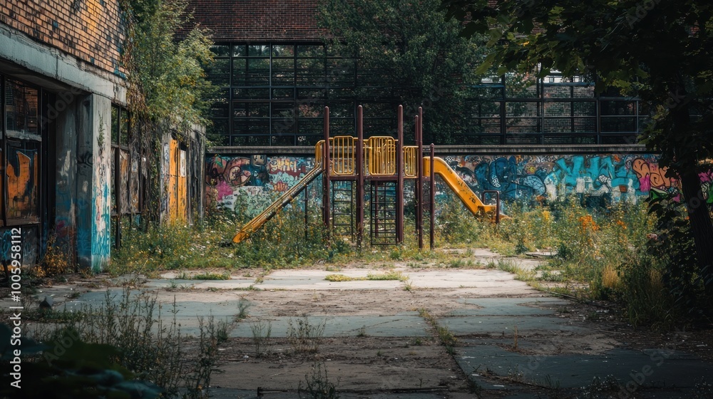 An abandoned playground with a slide, surrounded by overgrown grass and colorful graffiti. An abandoned playground with a slide, surrounded by overgrown grass and colorful graffiti.