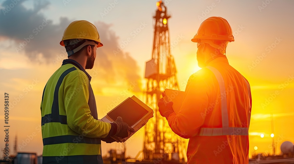 Two workers observe an oil rig at sunset, highlighting safety and teamwork in the energy industry. Two workers observe an oil rig at sunset, highlighting safety and teamwork in the energy industry.