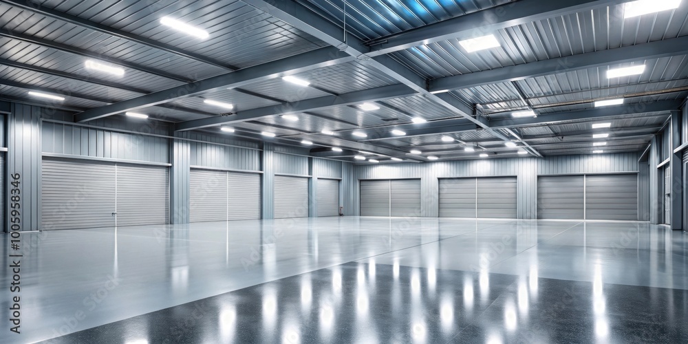 Interior view of an empty garage with metallic floor and bright lighting, garage, interior, empty, metallic, floor Interior view of an empty garage with metallic floor and bright lighting, garage, interior, empty, metallic, floor