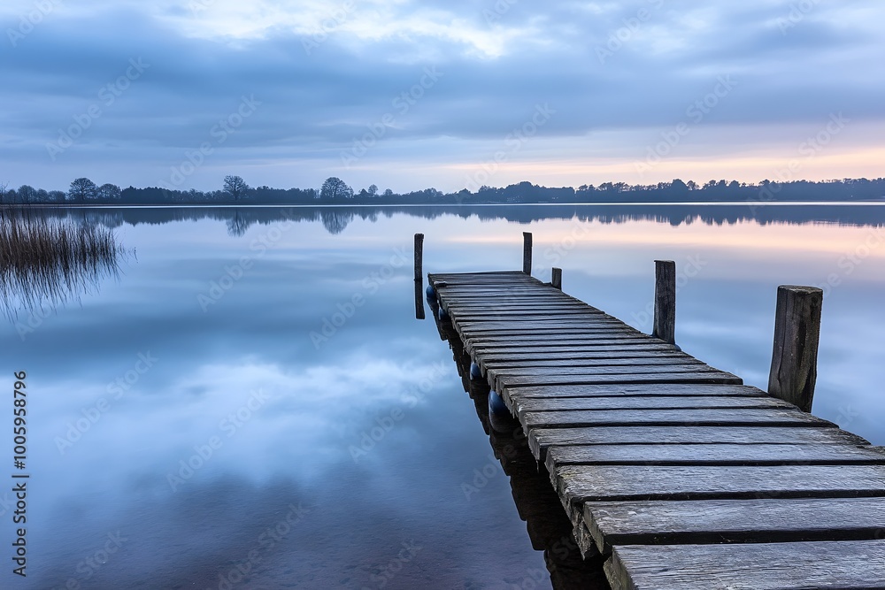 Naklejka premium Serene and Atmospheric Lakeside Landscape with a Wooden Jetty and a Mirrored Reflection of the Sky Featuring Soft Pastel Shades an Experimental Photography Technique and a Romantic Era Influence