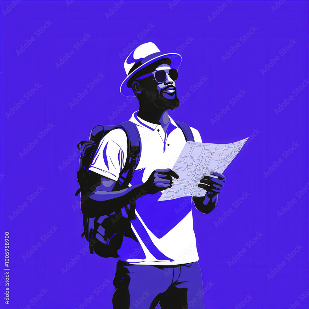Obraz premium Tourist holding a map icon on a lavender background 