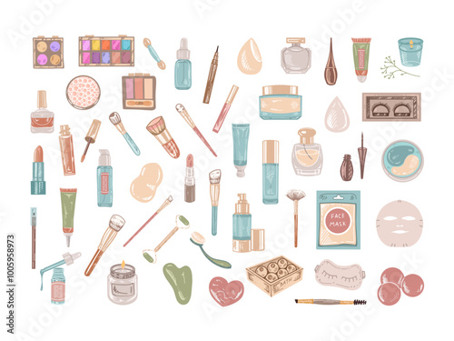 A set of flat style sketches of cosmetics, beauty, self-care, spa elements.  Illustration for beauty salon, cosmetic store, makeup design. Engraved image.