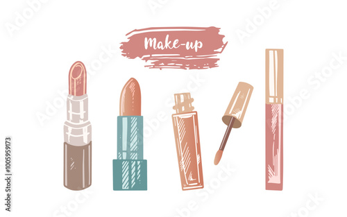 A set of flat style  sketches of different types of lipsticks.  Illustration for beauty salon, cosmetic store, makeup design. Engraved image.