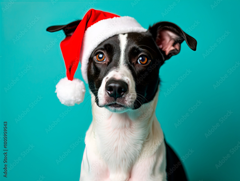 Adorable Black and White dog Wearing Santa Hat Posing on Turquoise Background - Festive Christmas Pet Portrait for Holiday Greeting Cards and Seasonal Celebrations Adorable Black and White dog Wearing Santa Hat Posing on Turquoise Background - Festive Christmas Pet Portrait for Holiday Greeting Cards and Seasonal Celebrations