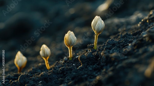 Emerging seedlings breaking through dark soil, symbolizing growth and renewal.