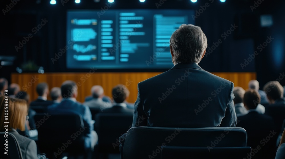 Audience viewing a presentation with data displayed on a screen in a conference setting. Audience viewing a presentation with data displayed on a screen in a conference setting.