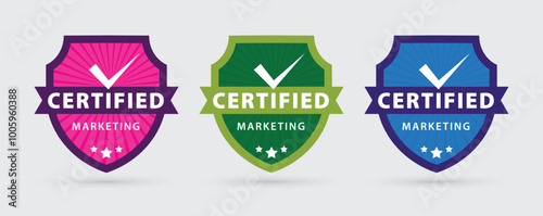 Certified Badge in shield with 3 color option. shield Badge Design. shield badge logo.