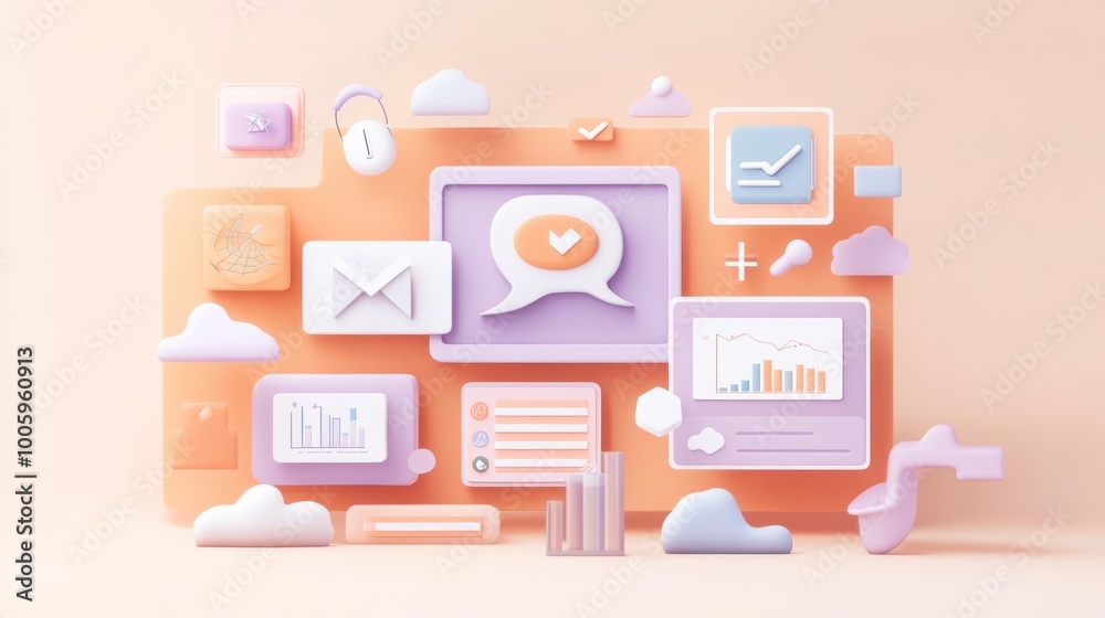 A digital collage featuring communication and data visualization icons in soft colors. A digital collage featuring communication and data visualization icons in soft colors.