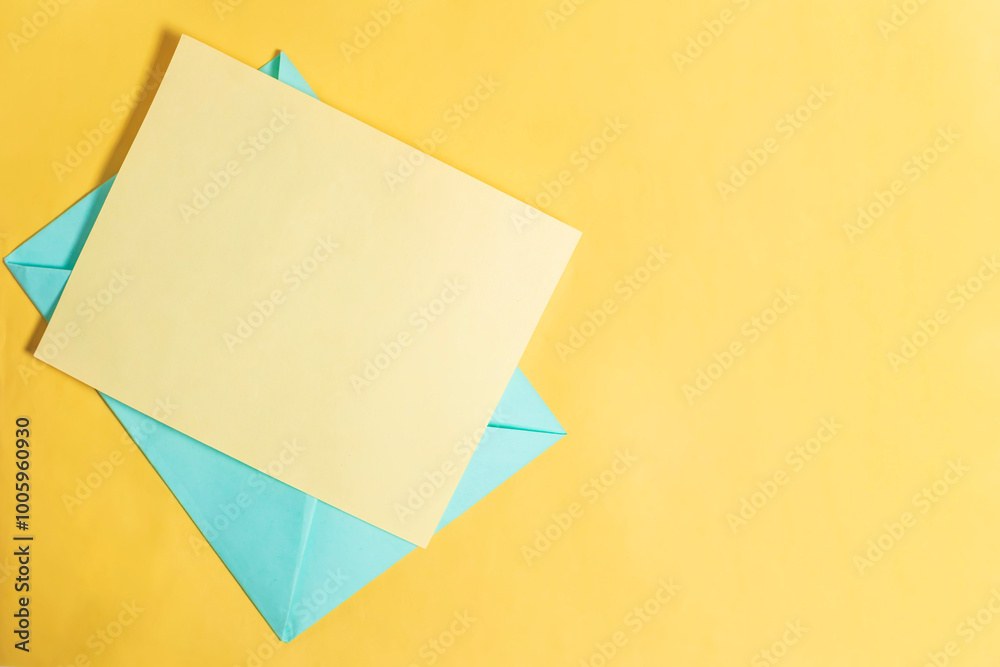 Colorful blue and yellow paper envelope on yellow background with copy space. Colorful blue and yellow paper envelope on yellow background with copy space.