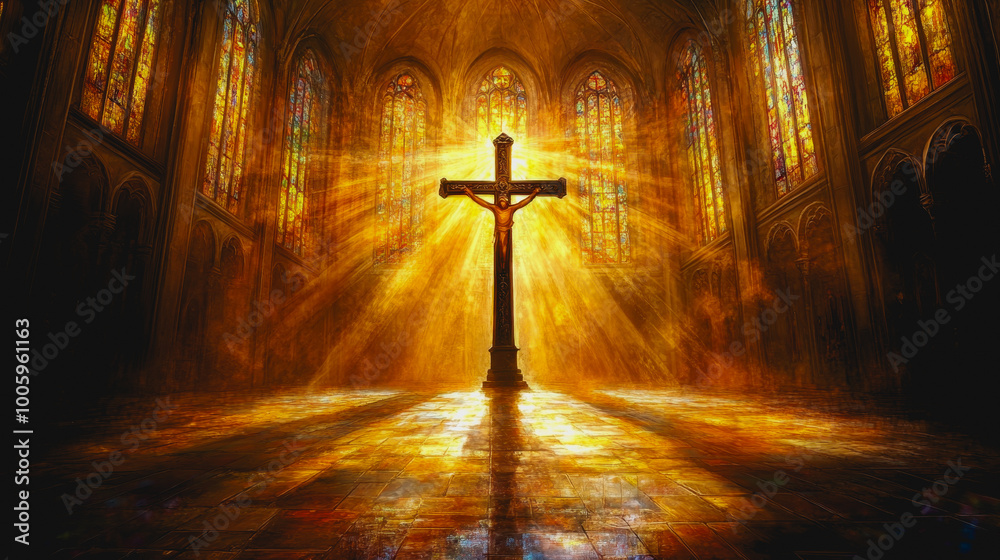 Naklejka premium Gothic cathedral with sunlit cross and glowing atmosphere