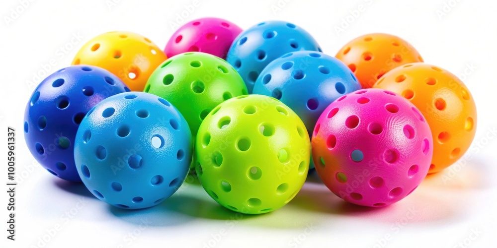 Obraz premium Colorful plastic pickleball sports balls on white background, pickleball, plastic, colorful, sports balls, vibrant